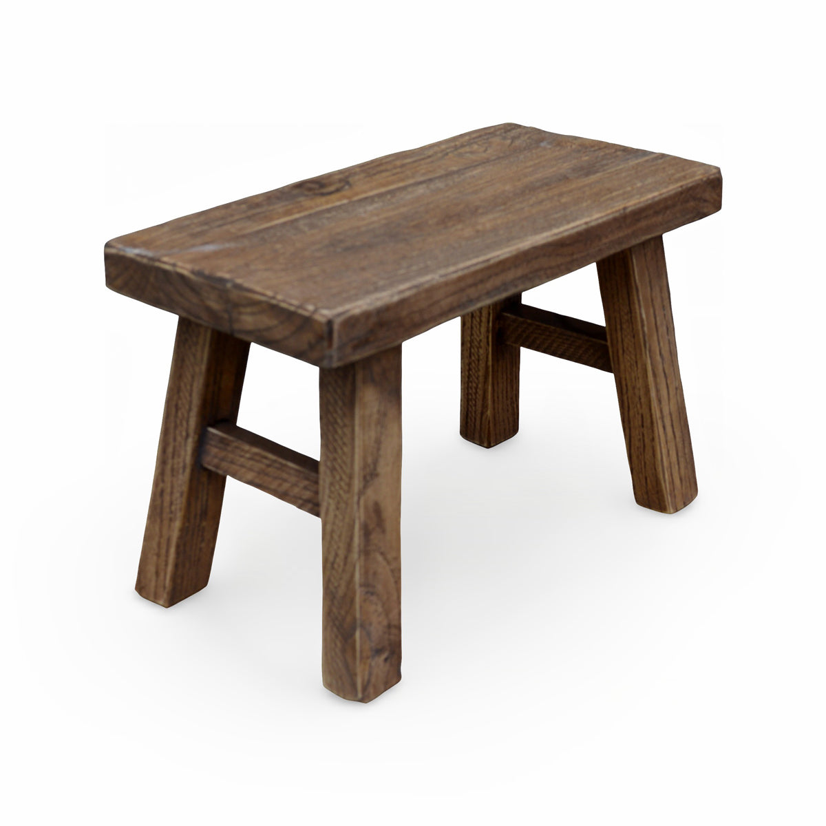 Small stool in natural elm with a thick plank seat and angled legs