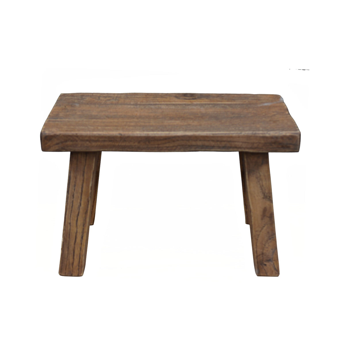 Small stool in natural elm with a thick plank seat and angled legs