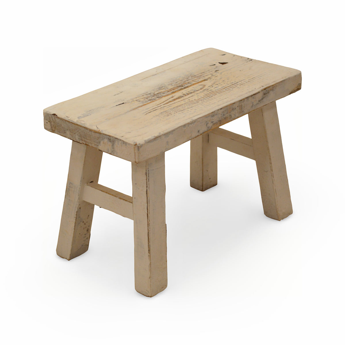 Small stool in white washed reclaimed elm with a thick plank seat