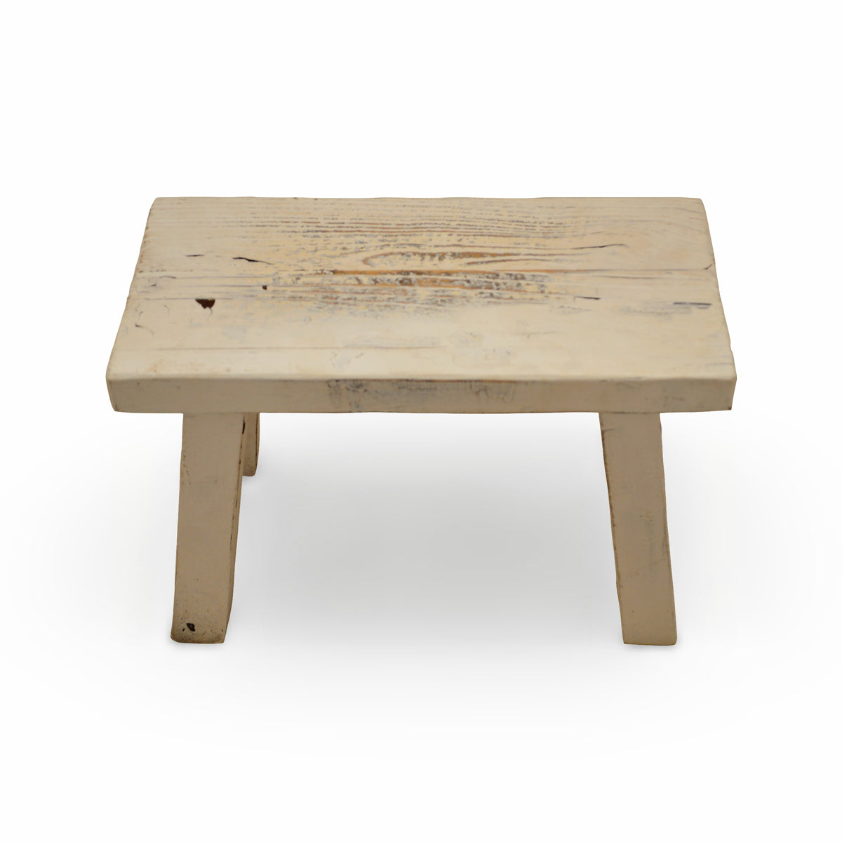 Small stool in white washed reclaimed elm with a thick plank seat