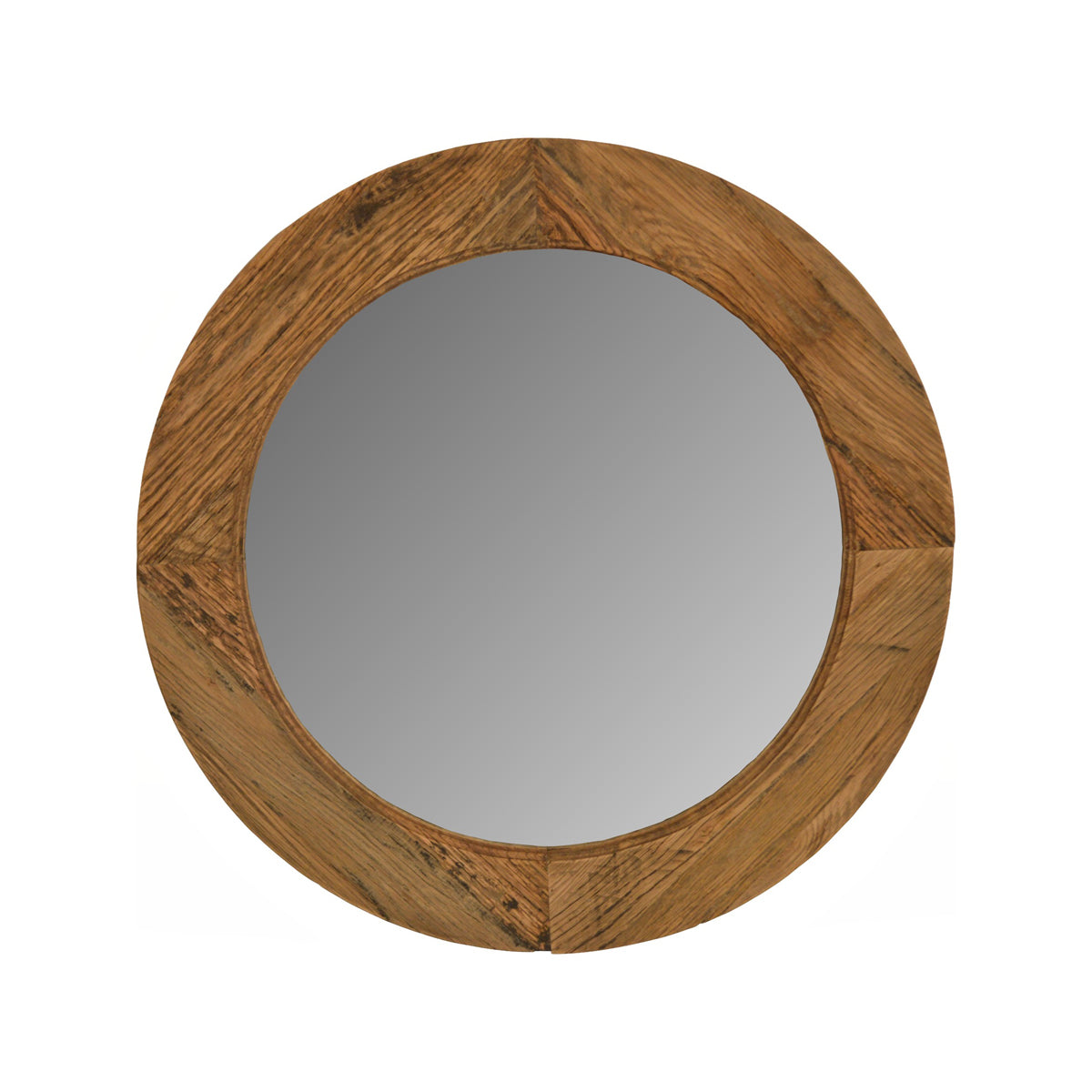 Small round mirror in a segmented reclaimed oak frame