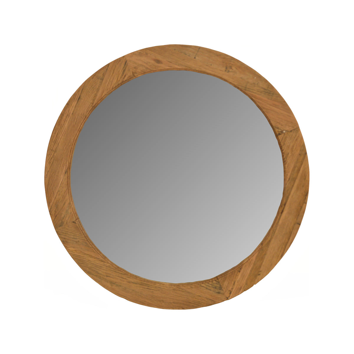 Large round mirror in a segmented reclaimed oak frame