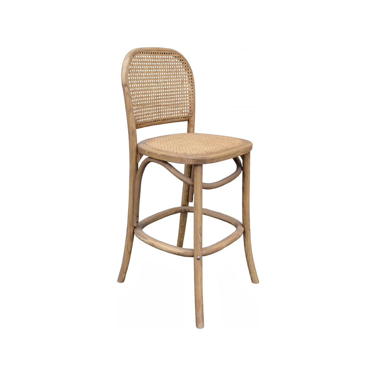 Oak counter chair with a woven cane back, round seat and circular footrest