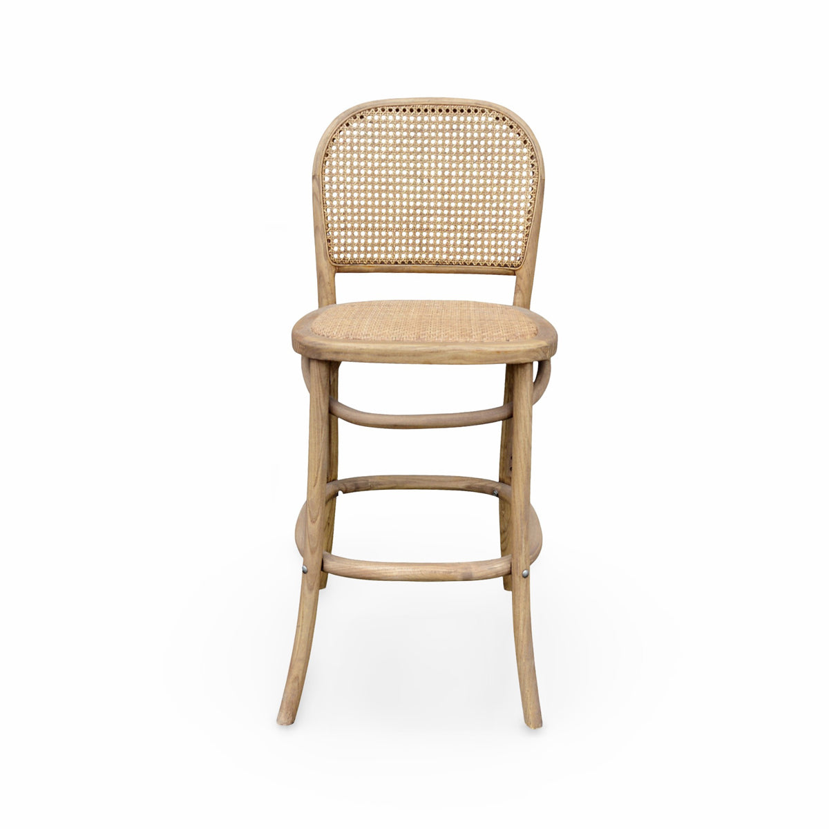 Oak counter chair with a woven cane back, round seat and circular footrest