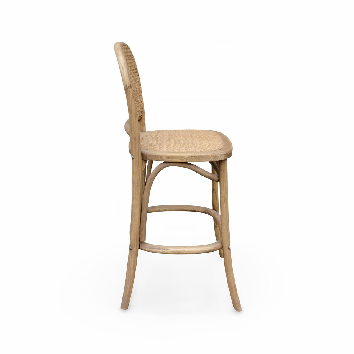 Oak counter chair with a woven cane back, round seat and circular footrest