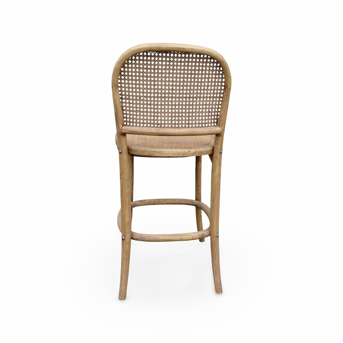 Oak counter chair with a woven cane back, round seat and circular footrest