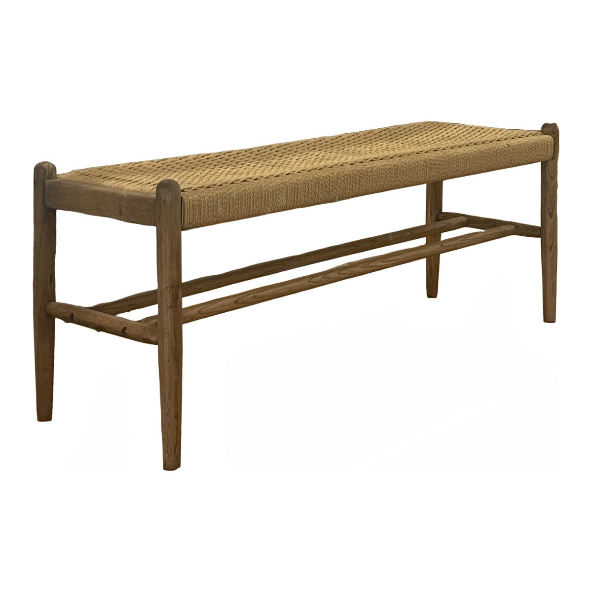 Reclaimed oak bench with a woven seat and exposed stretchers.