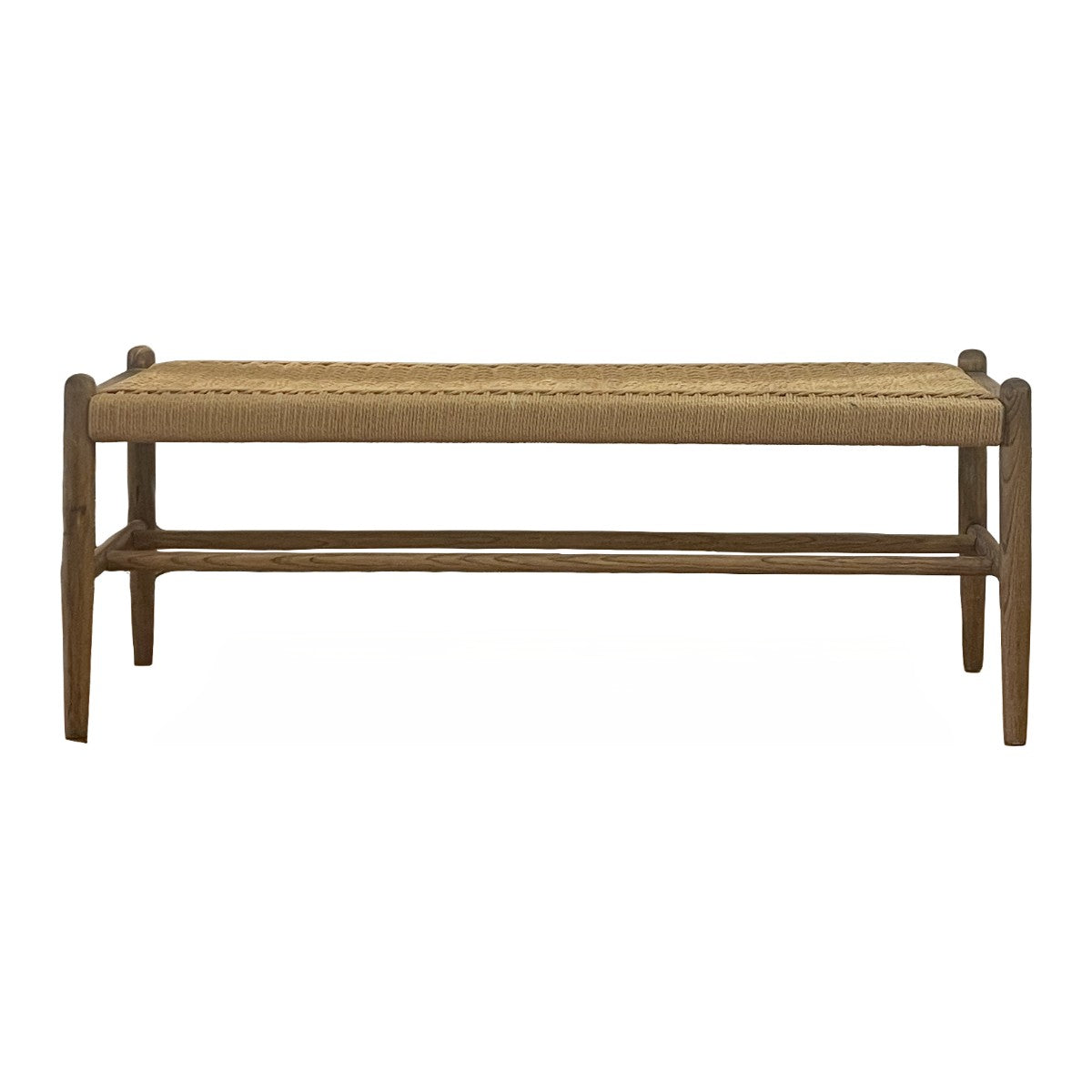 Reclaimed oak bench with a woven seat and exposed stretchers
