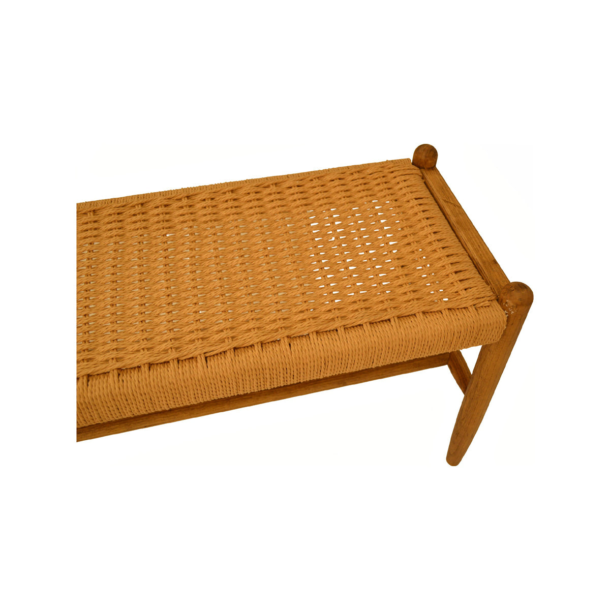 Reclaimed oak bench with a woven seat and exposed stretchers