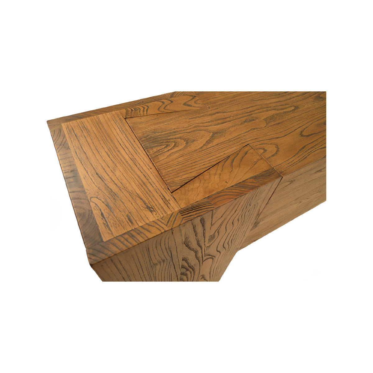Reclaimed elm console table in antique brown with solid panel construction