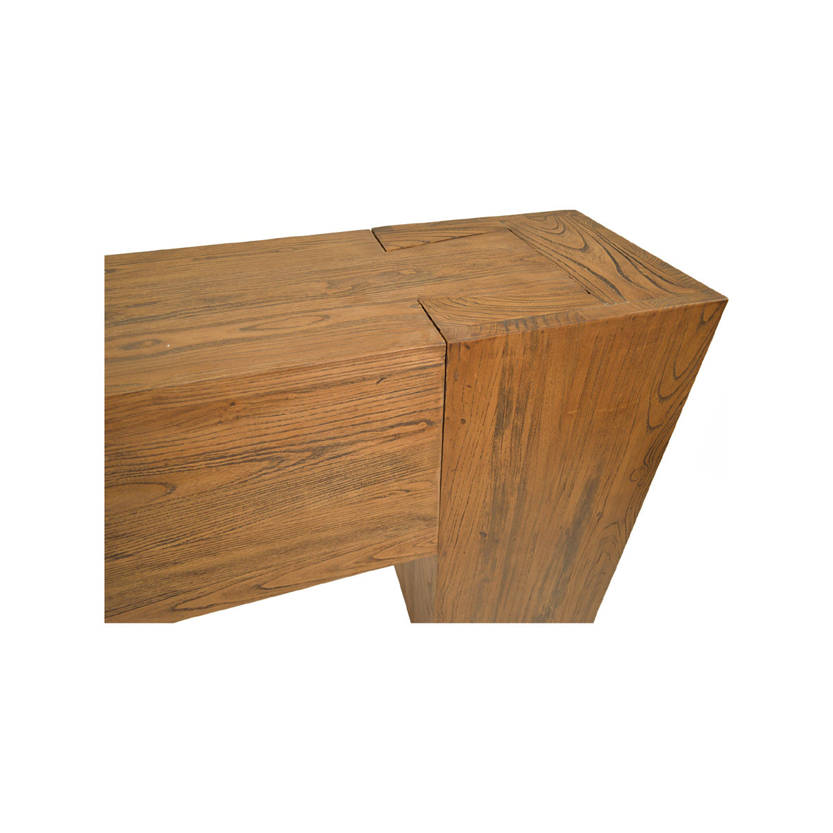 Reclaimed elm console table in antique brown with solid panel construction