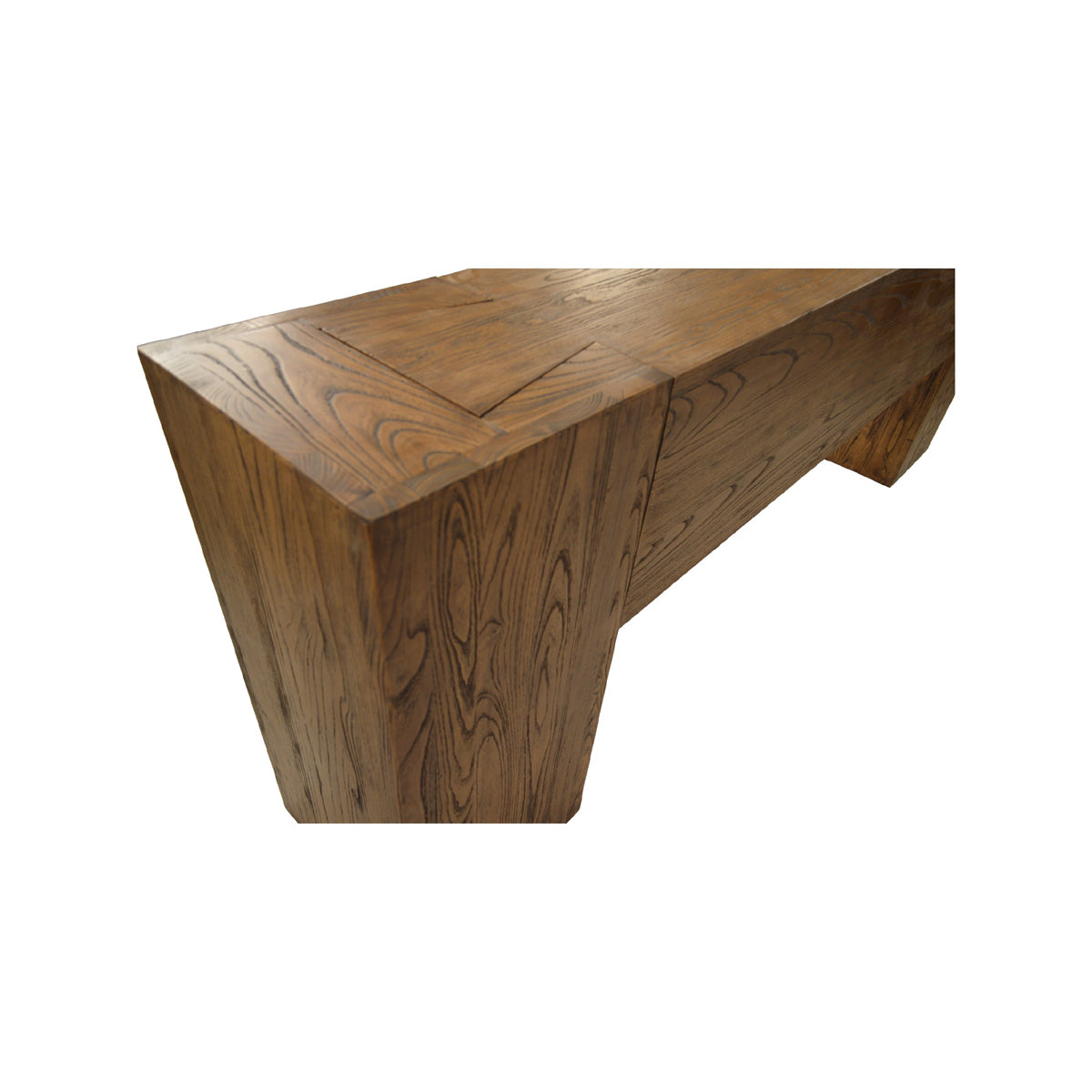 Reclaimed elm console table in antique brown with solid panel construction