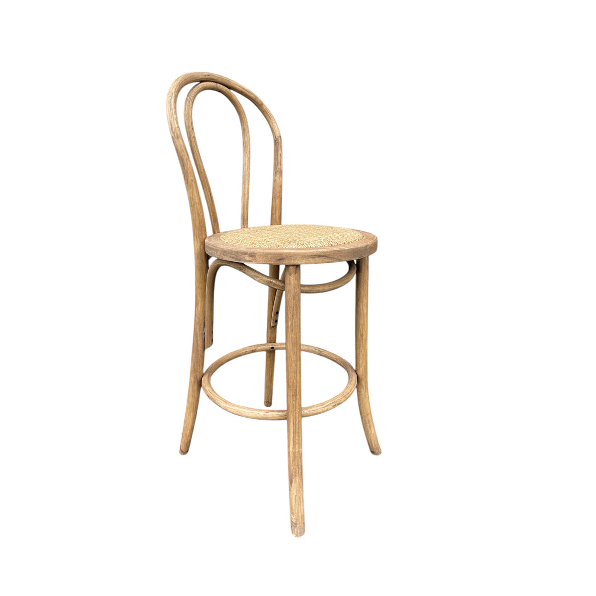 Bistro-style wood counter chair with a woven cane seat and arched back