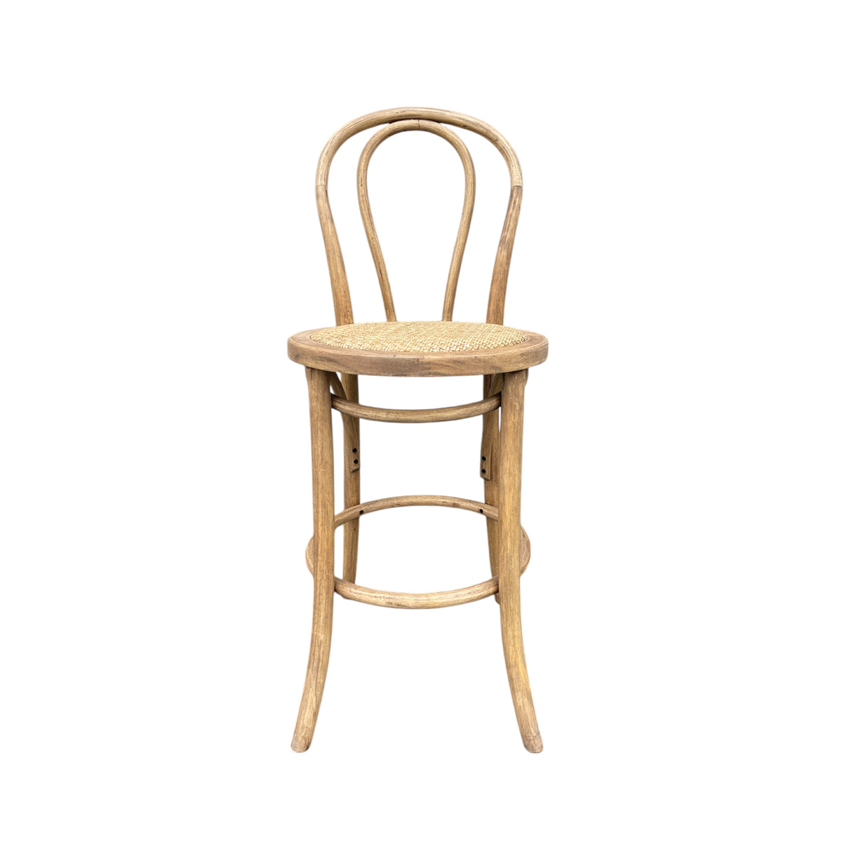 Bistro-style wood counter chair with a woven cane seat and arched back