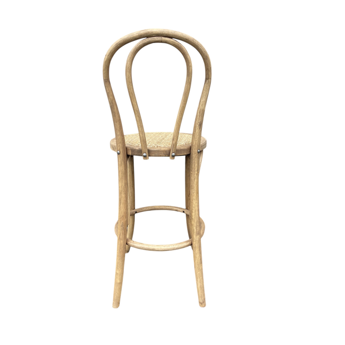 Bistro-style wood counter chair with a woven cane seat and arched back