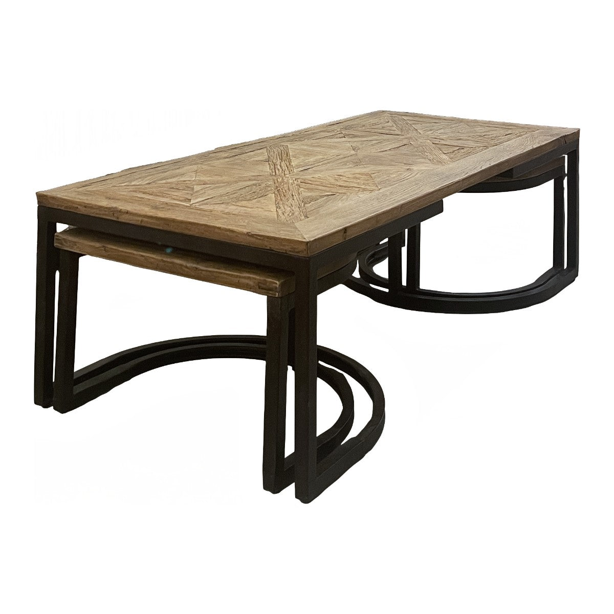 Reclaimed oak and iron nesting coffee tables with curved metal bases