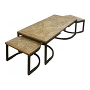 Reclaimed oak and iron nesting coffee tables with curved metal bases
