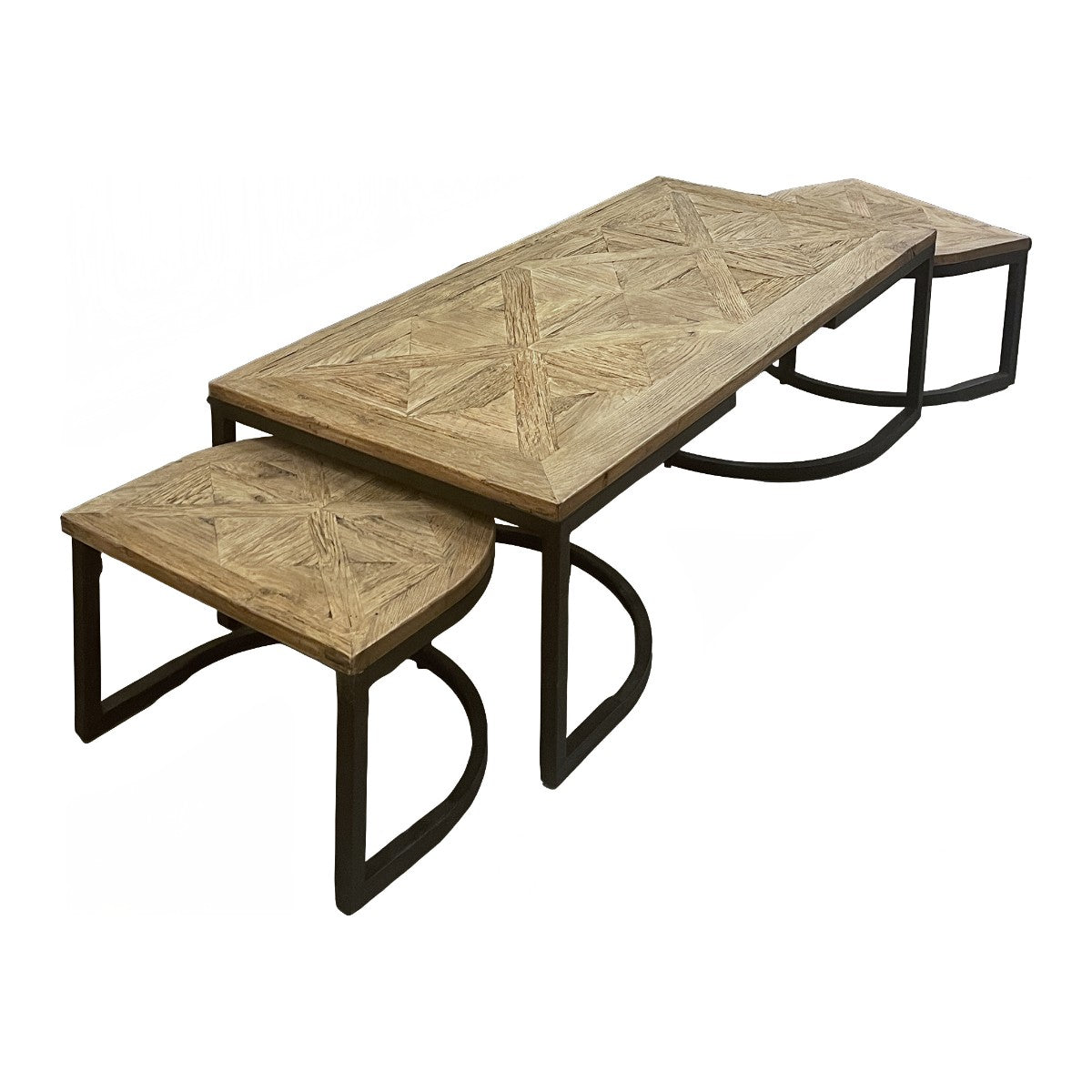 Reclaimed oak and iron nesting coffee tables with curved metal bases