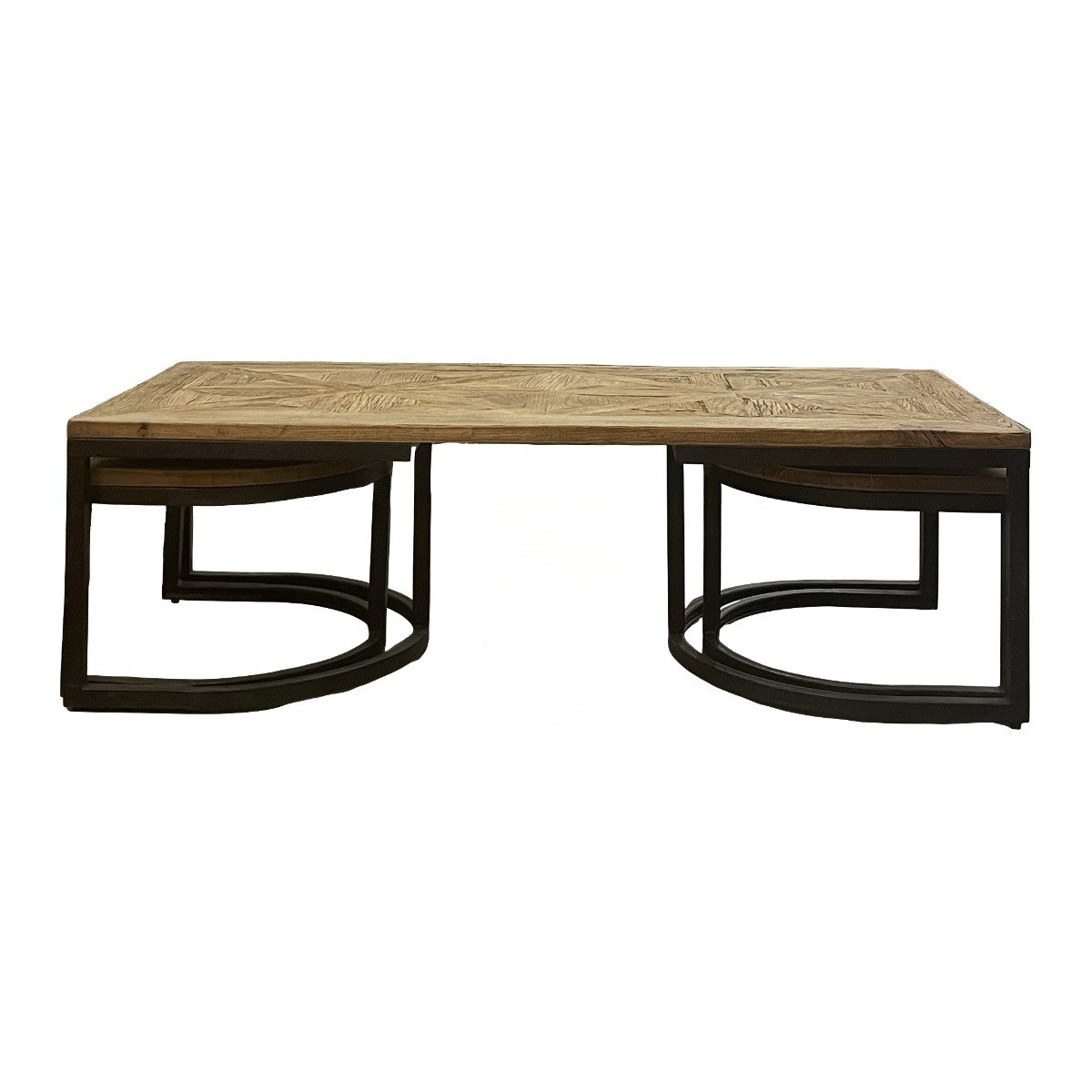 Reclaimed oak and iron nesting coffee tables with curved metal bases