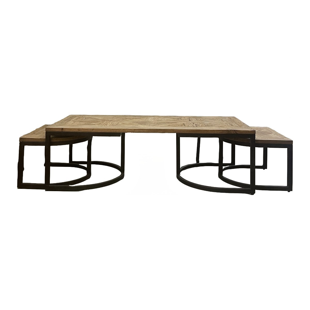 Reclaimed oak and iron nesting coffee tables with curved metal bases