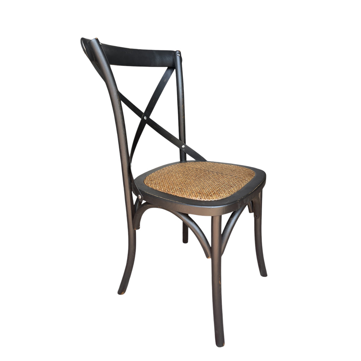 Black oak cross-back cafe chair with a textured braided seat