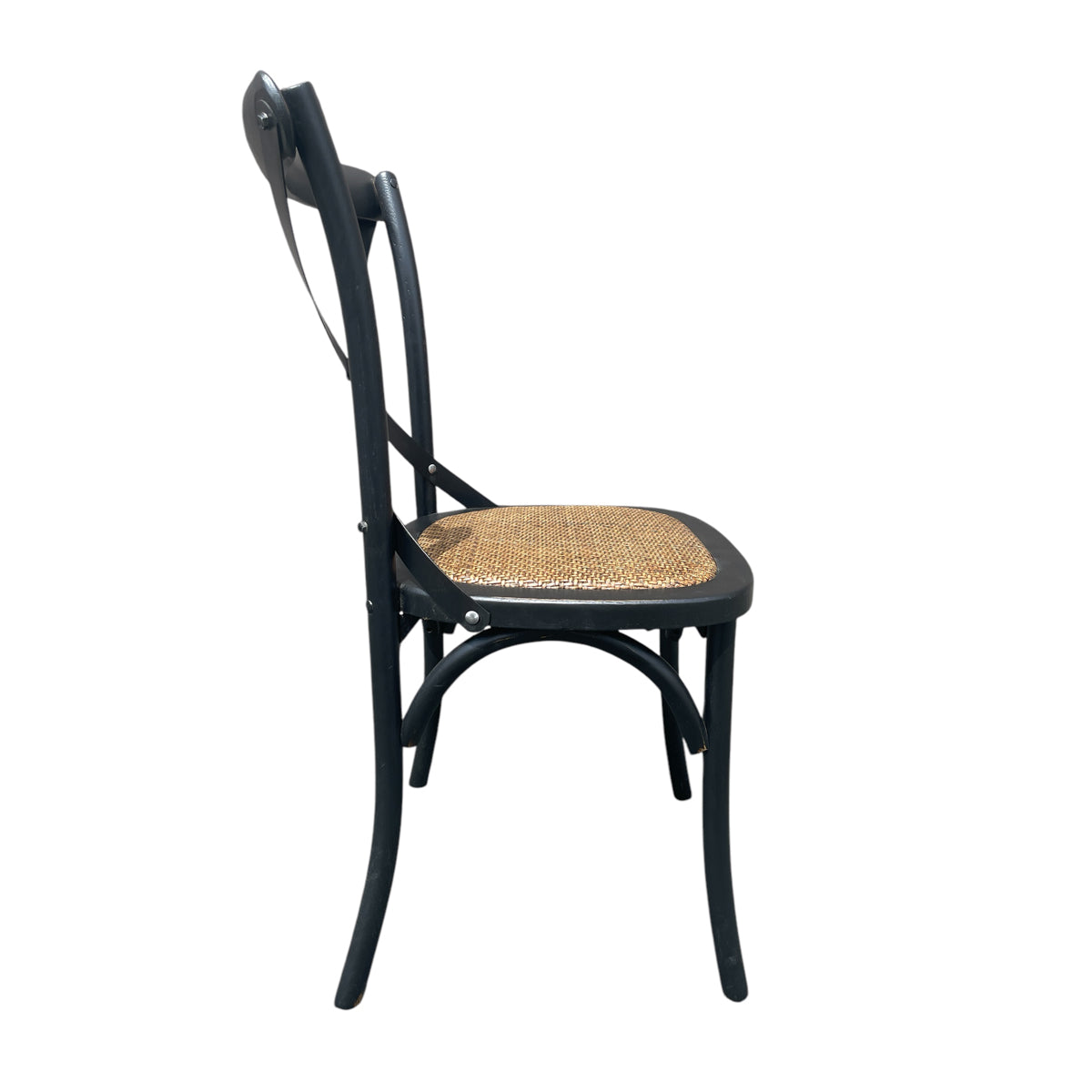 Black oak cross-back cafe chair with a textured braided seat