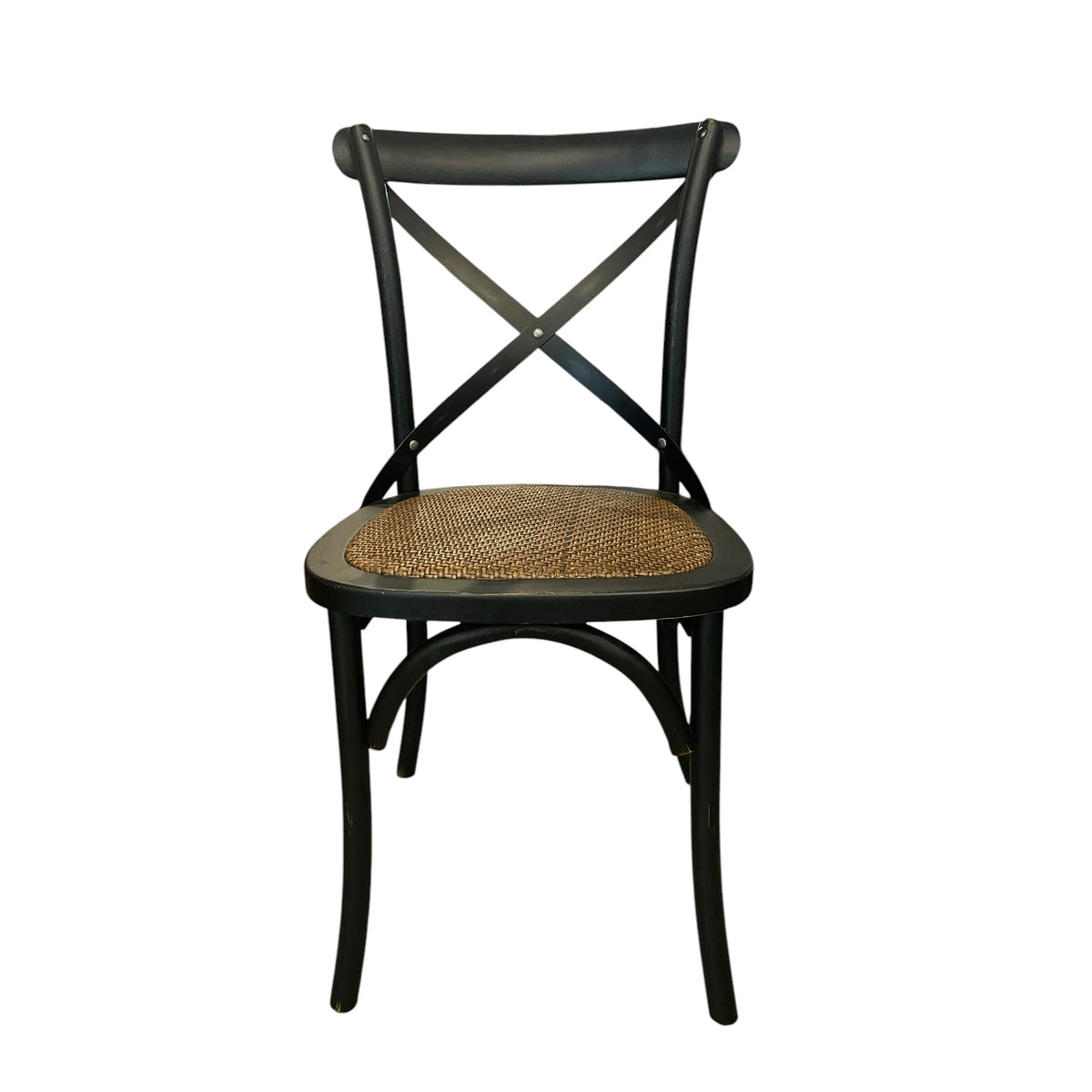Black oak cross-back cafe chair with a textured braided seat