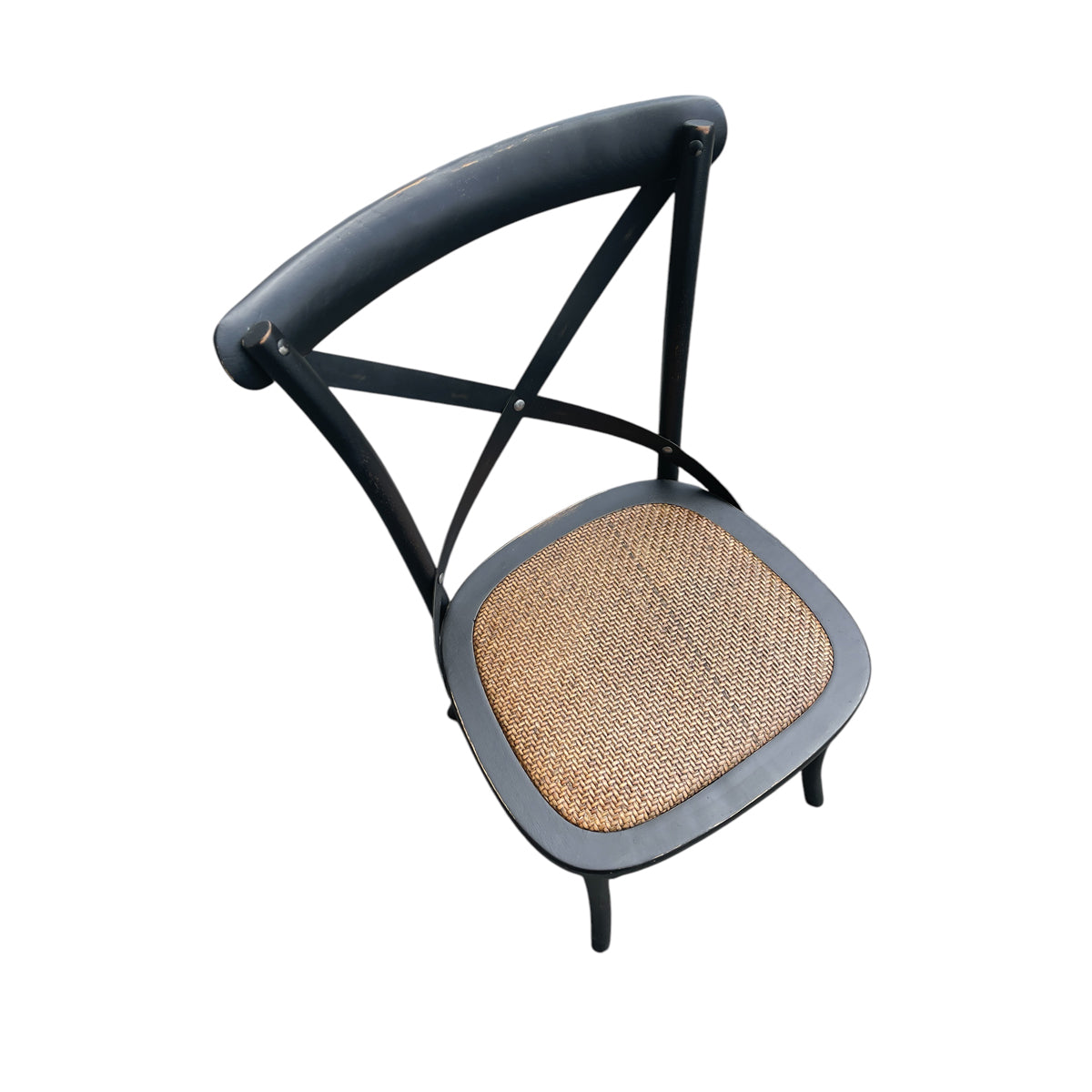 Black oak cross-back cafe chair with a textured braided seat