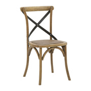 Oak cafe chair with a metal cross-back and woven seat