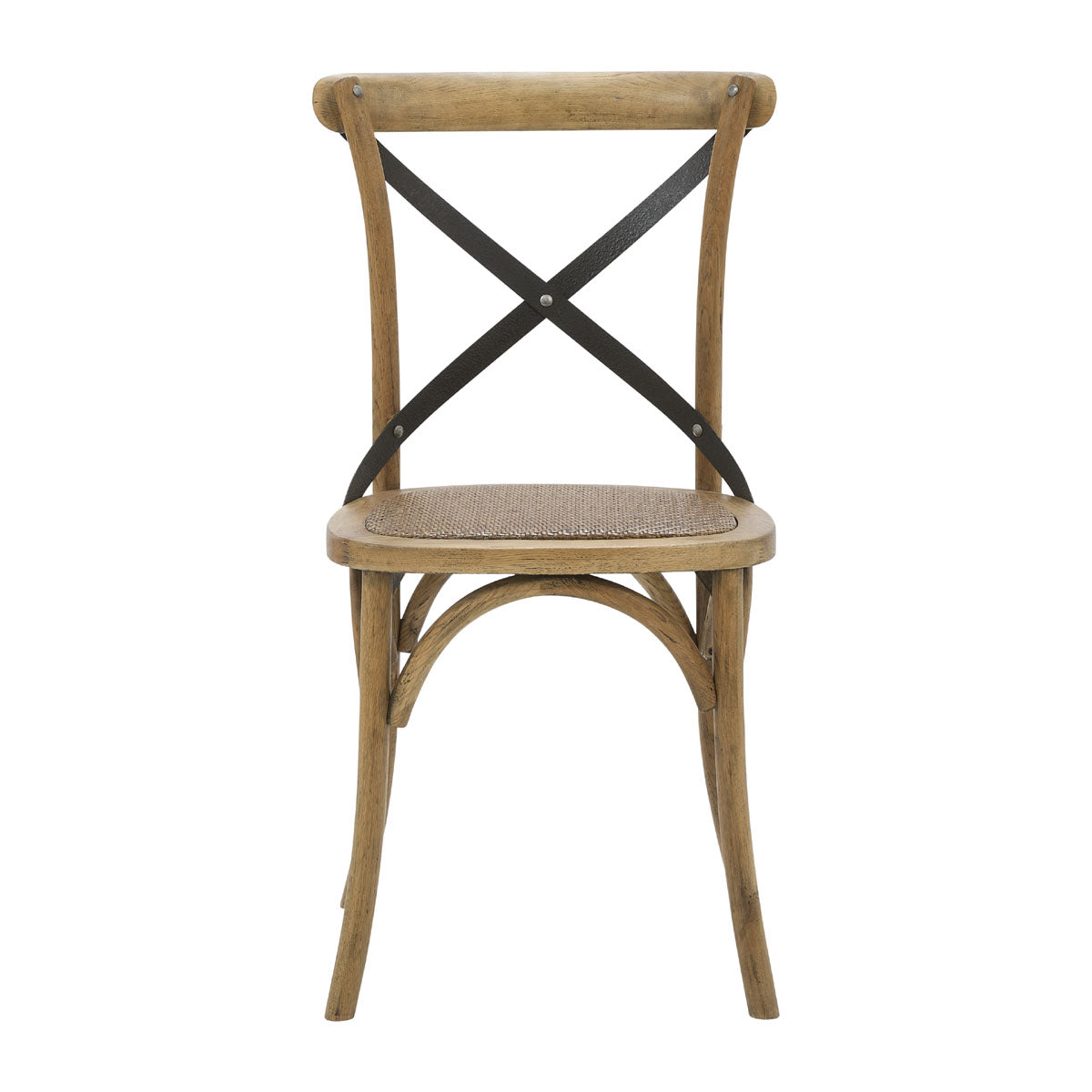 Oak cafe chair with a metal cross-back and woven seat