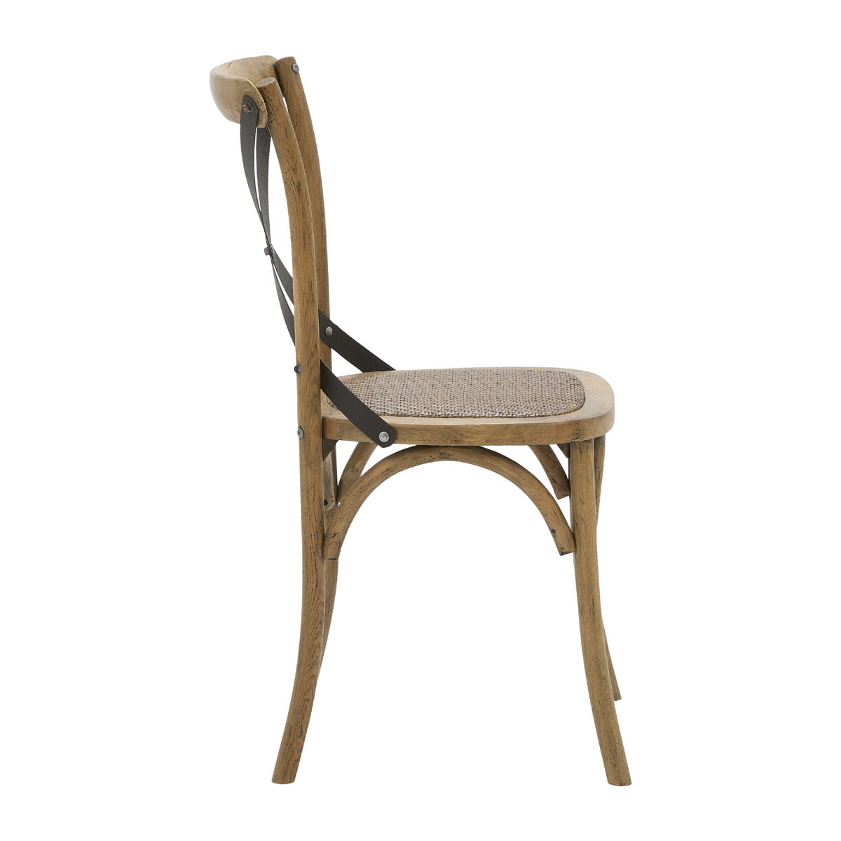 Oak cafe chair with a metal cross-back and woven seat