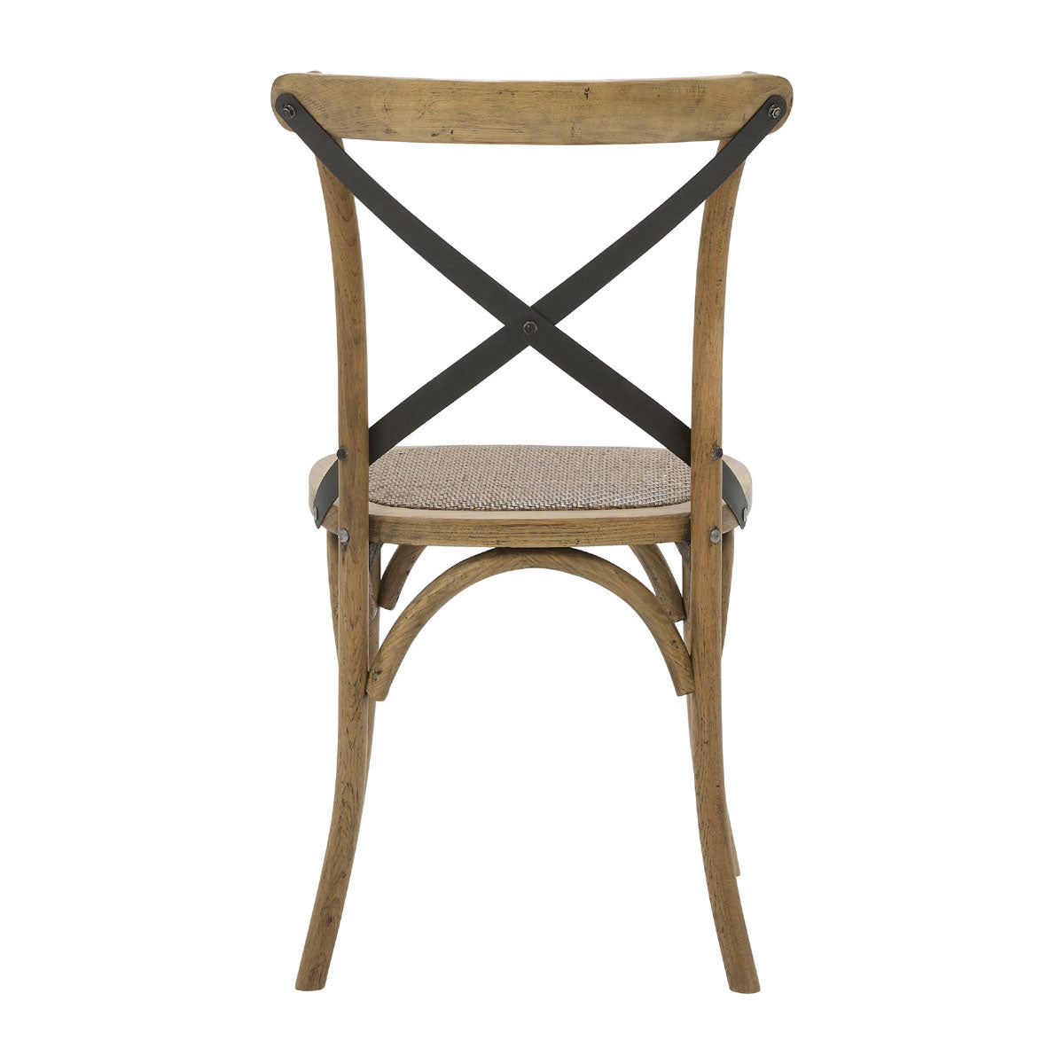 Oak cafe chair with a metal cross-back and woven seat