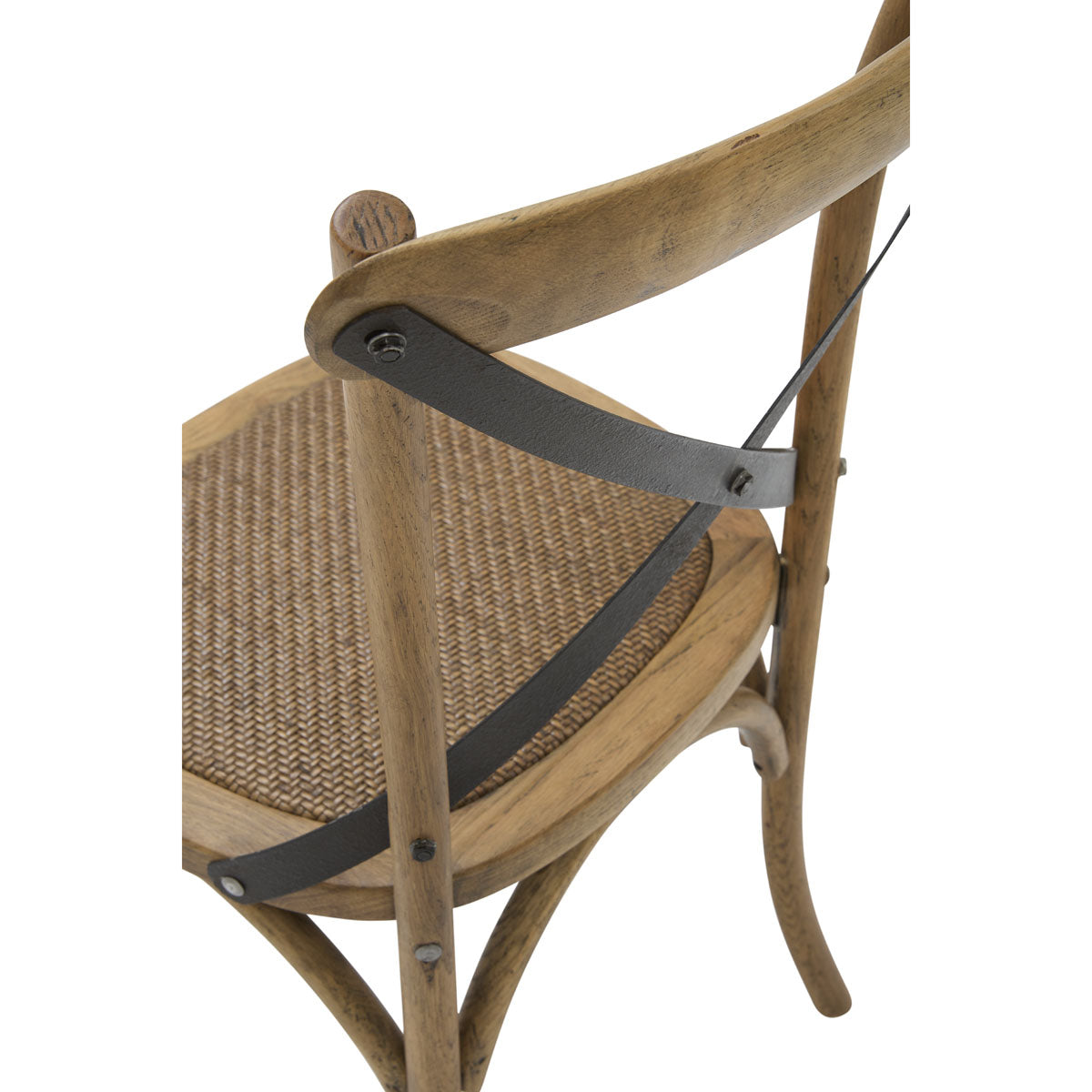 Oak cafe chair with a metal cross-back and woven seat