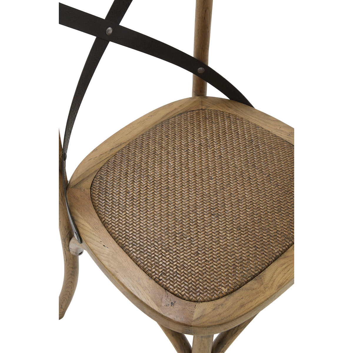 Oak cafe chair with a metal cross-back and woven seat
