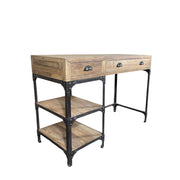 Small reclaimed pine desk on an open iron base with a single drawer and lower shelf