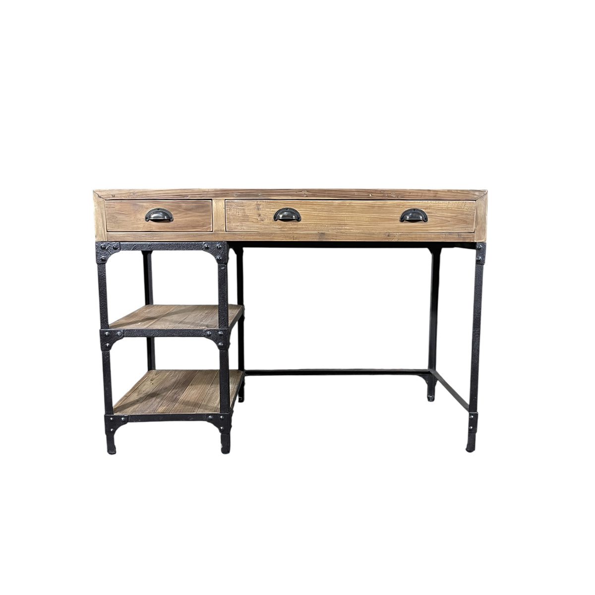 Small reclaimed pine desk on an open iron base with a single drawer and lower shelf