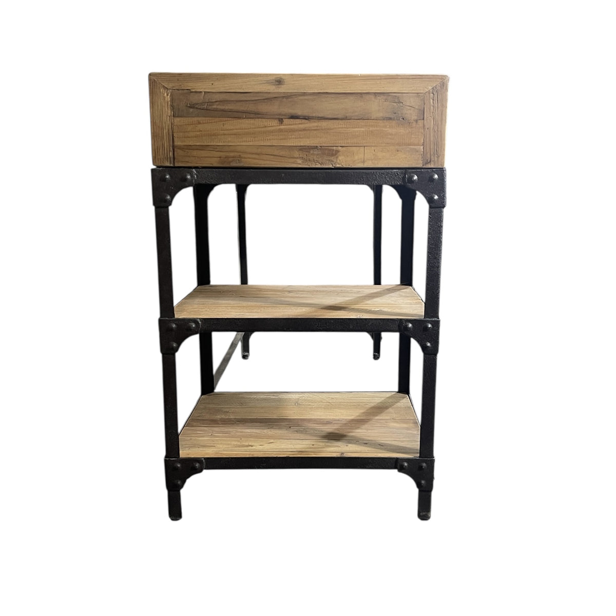 Small reclaimed pine desk on an open iron base with a single drawer and lower shelf