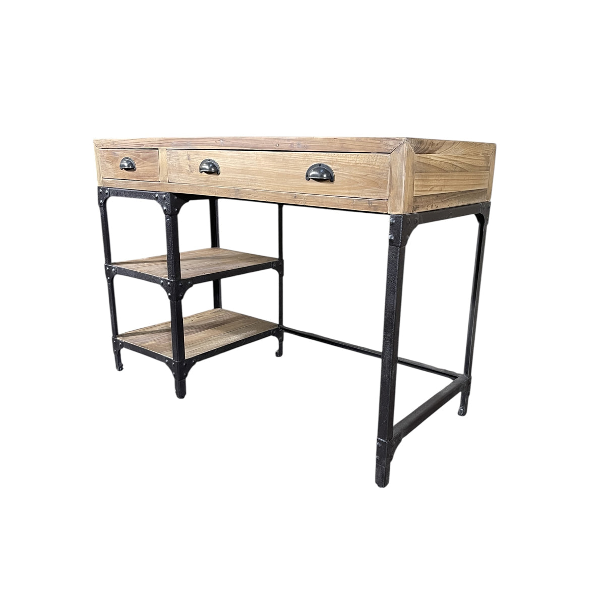 Small reclaimed pine desk on an open iron base with a single drawer and lower shelf