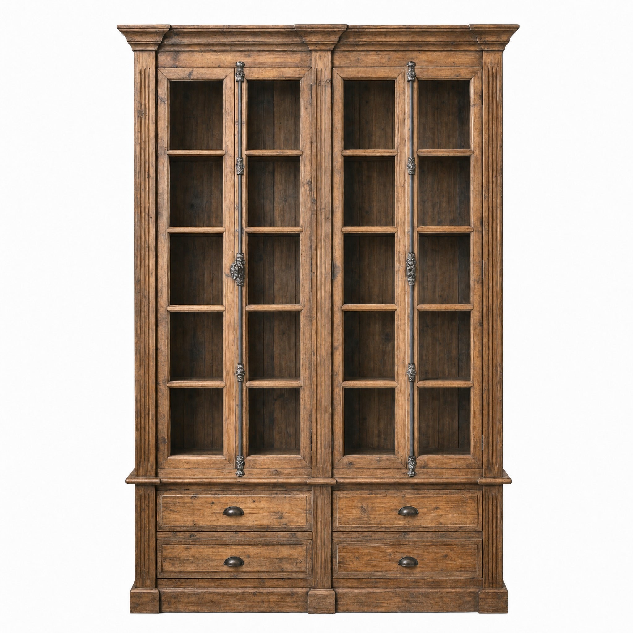 Pine Bookcase 4 Dr/4 Drwr w/ Bin Pulls