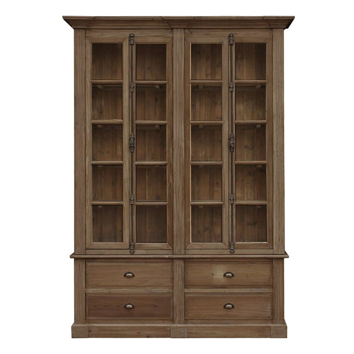 Pine Bookcase, 4 Door 4 Drawer with Bin Pulls