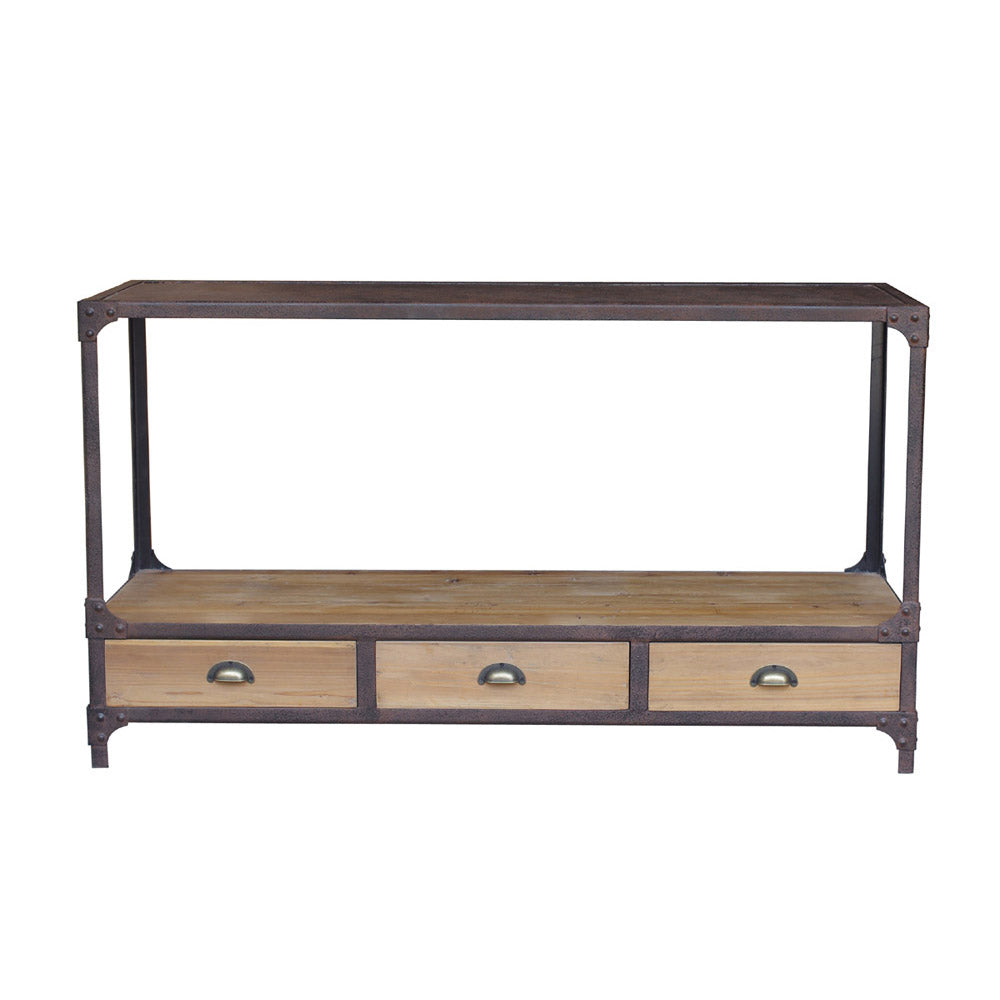 Reclaimed pine and iron console table with three drawers and a lower shelf