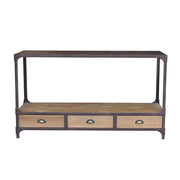 Reclaimed pine and iron console table with three drawers and a lower shelf