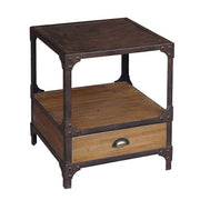 Reclaimed pine and iron side table with a drawer and open metal frame
