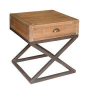 Reclaimed pine side table on an X-framed metal base