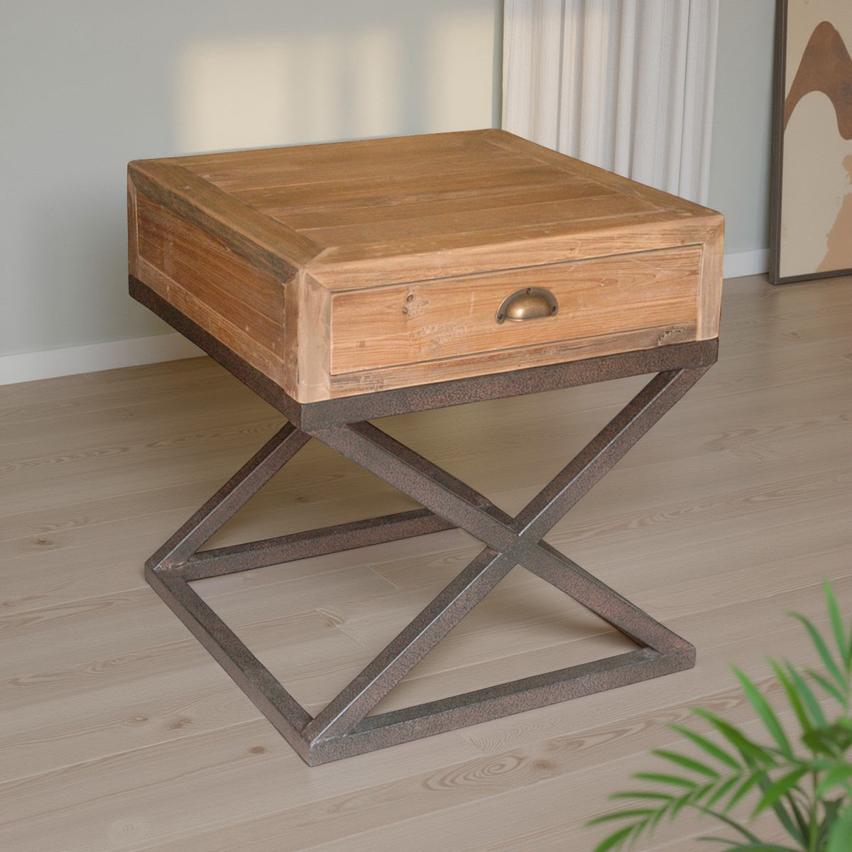 Reclaimed pine side table on an X-framed metal base