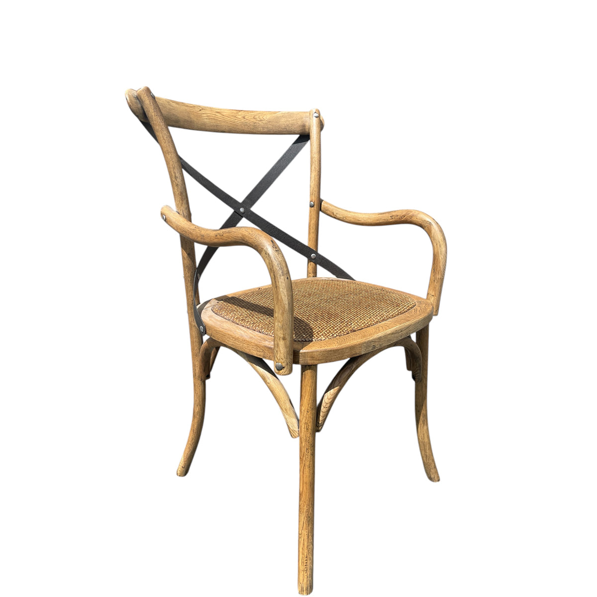 Oak cafe arm chair with curved arms, a metal cross-back and woven seat