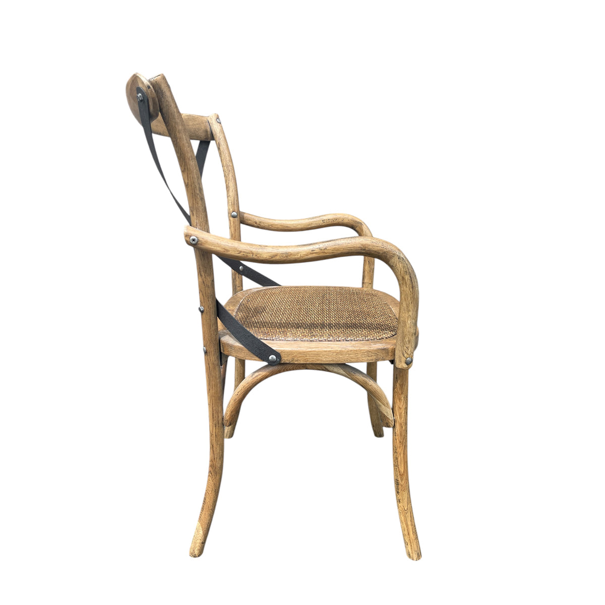 Oak cafe arm chair with curved arms, a metal cross-back and woven seat