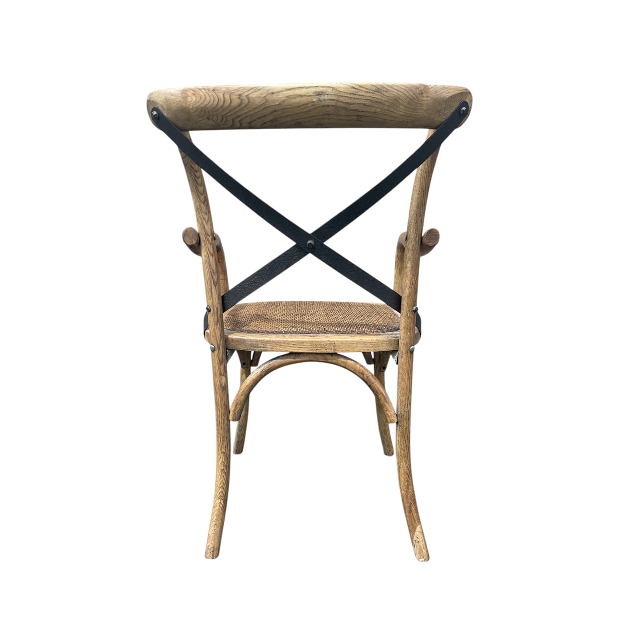 Oak cafe arm chair with curved arms, a metal cross-back and woven seat