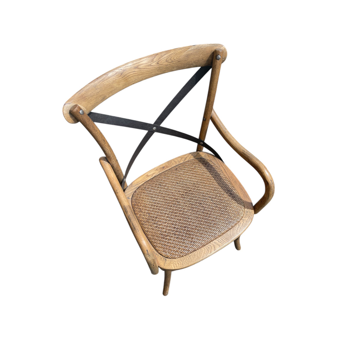 Oak cafe arm chair with curved arms, a metal cross-back and woven seat
