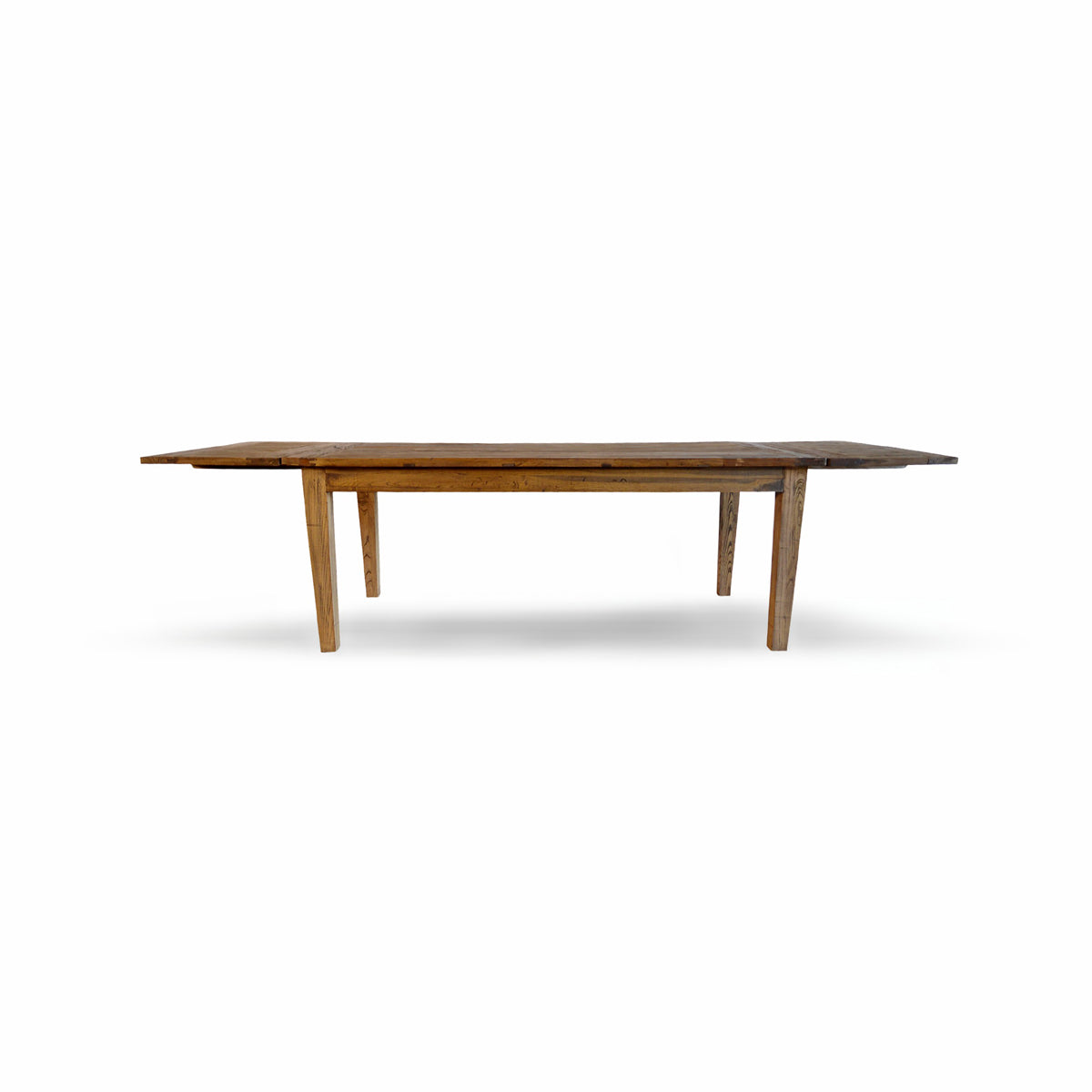Reclaimed elm extending dining table on a solid leg base